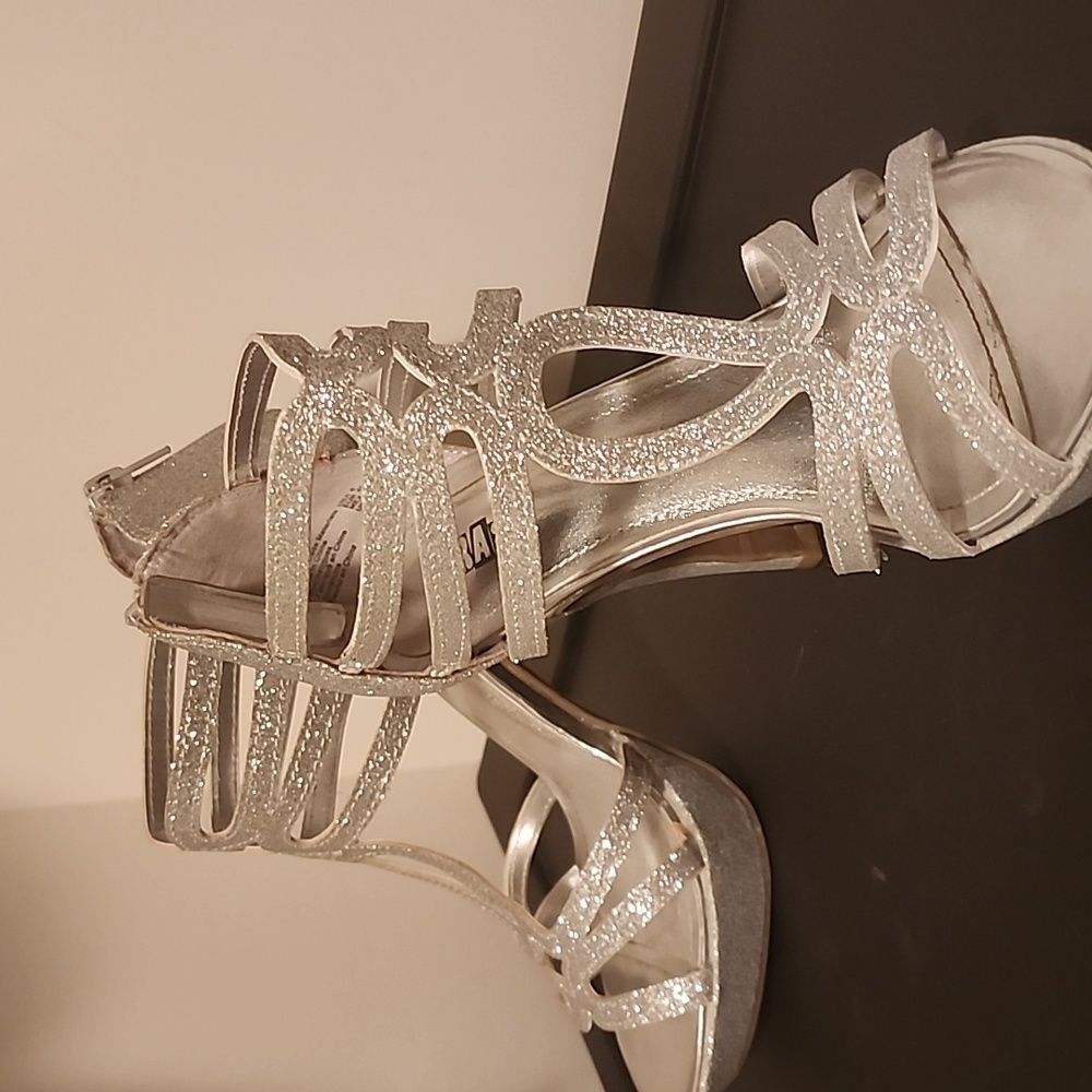 Brash Silver Glitter Strappy Stilettos, Like New